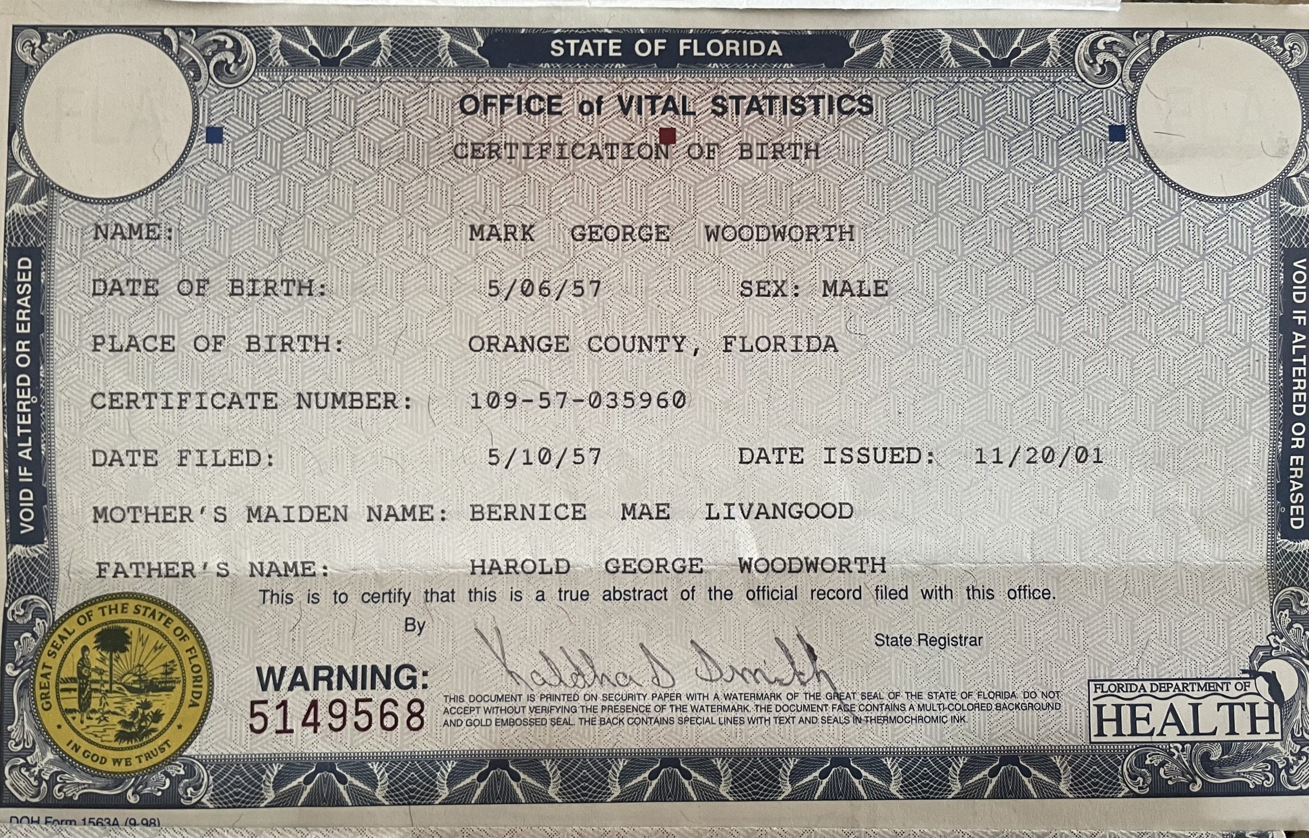 Florida birth certificate
