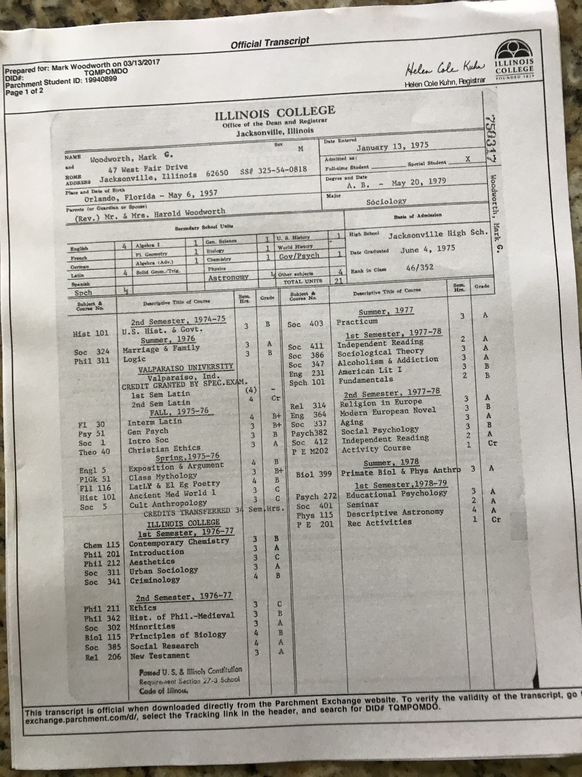 Illinois College BA transcript
