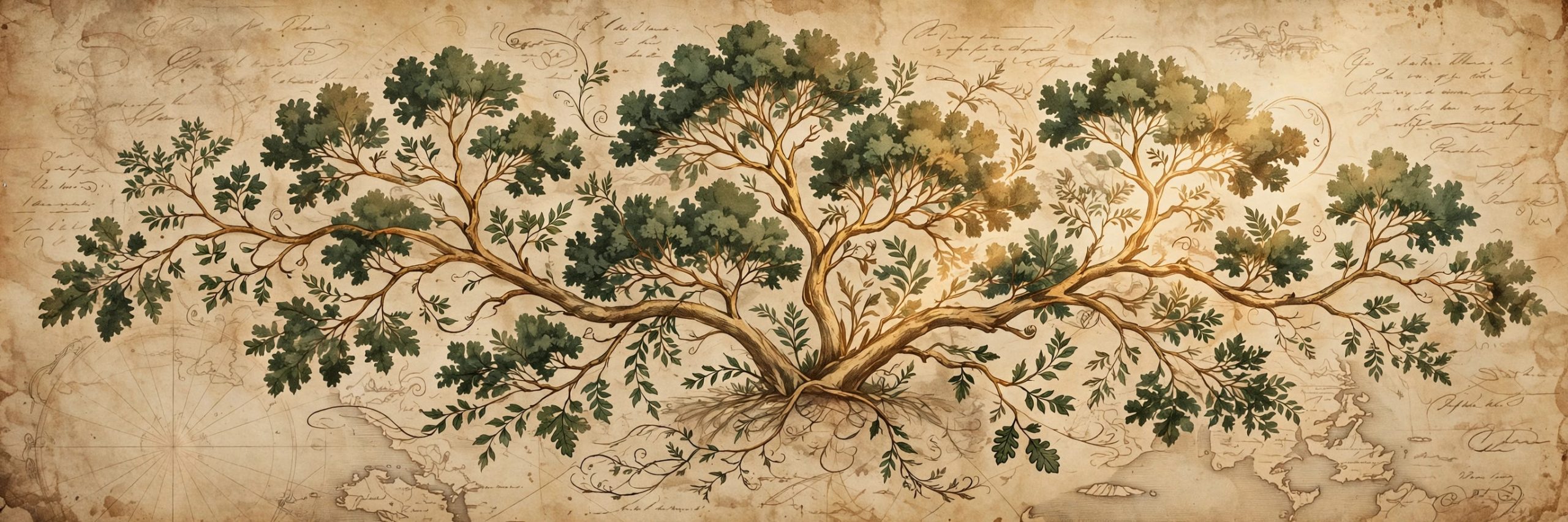Illustrated family tree on aged parchment