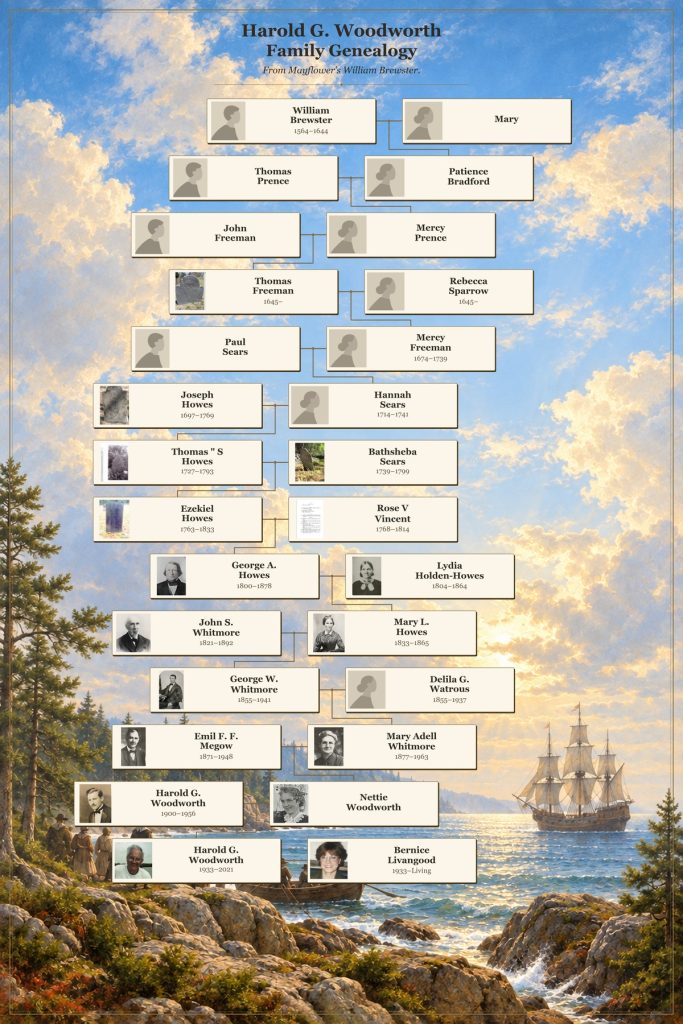 Woodworth family genealogy chart: descent from Mayflower passenger William Brewster to Harold G. Woodworth