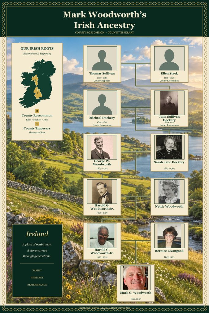 Genealogy chart of Mark Woodworth's Irish ancestry, County Roscommon and County Tipperary
