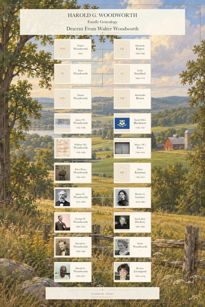 Woodworth family genealogy chart: ten-generation descent from Walter Woodworth of Scituate to Harold G. Woodworth